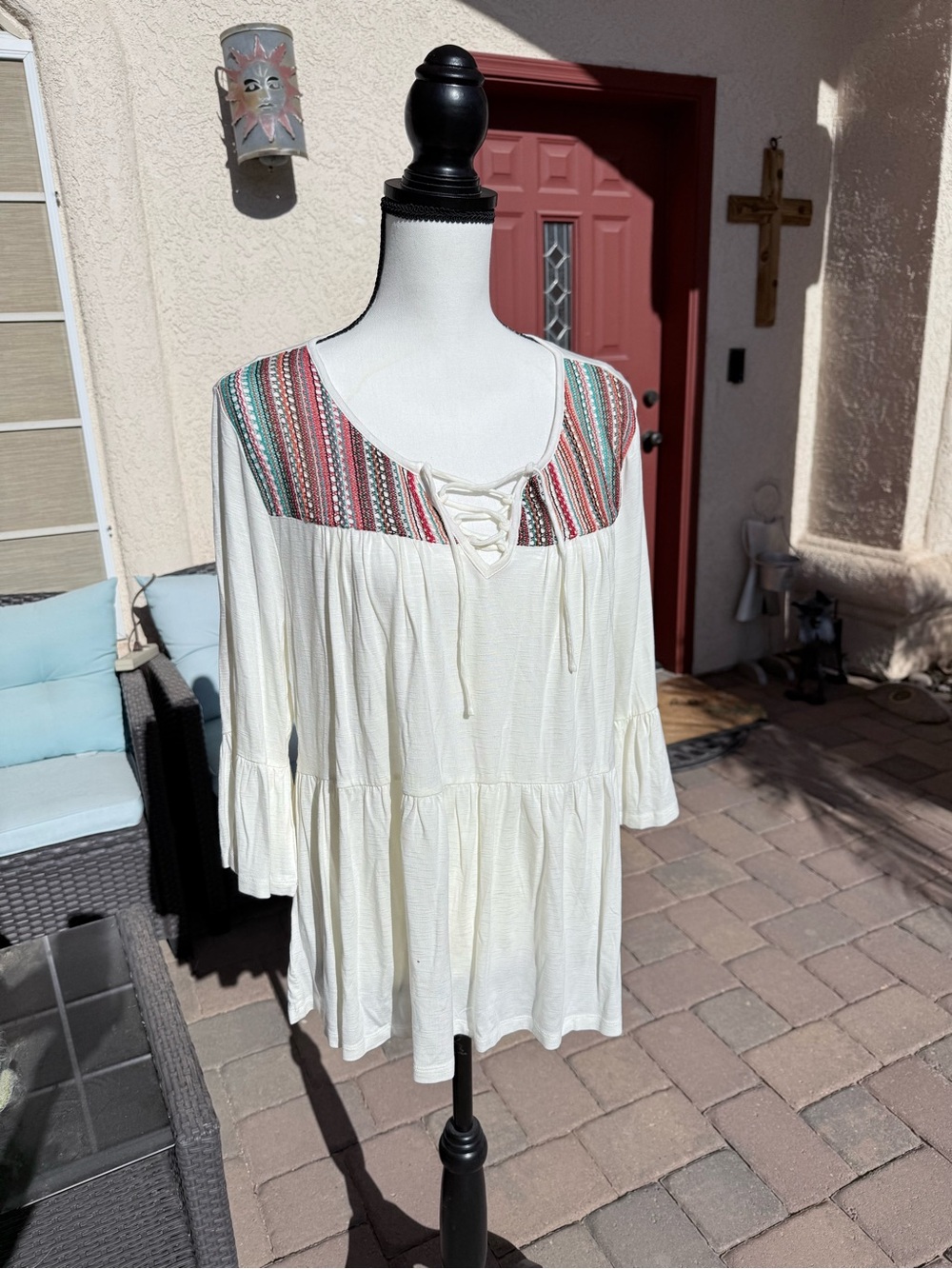 ROD’S White Peasant Top Multicolor Yoke and Bell Sleeves- Size L - NWOT